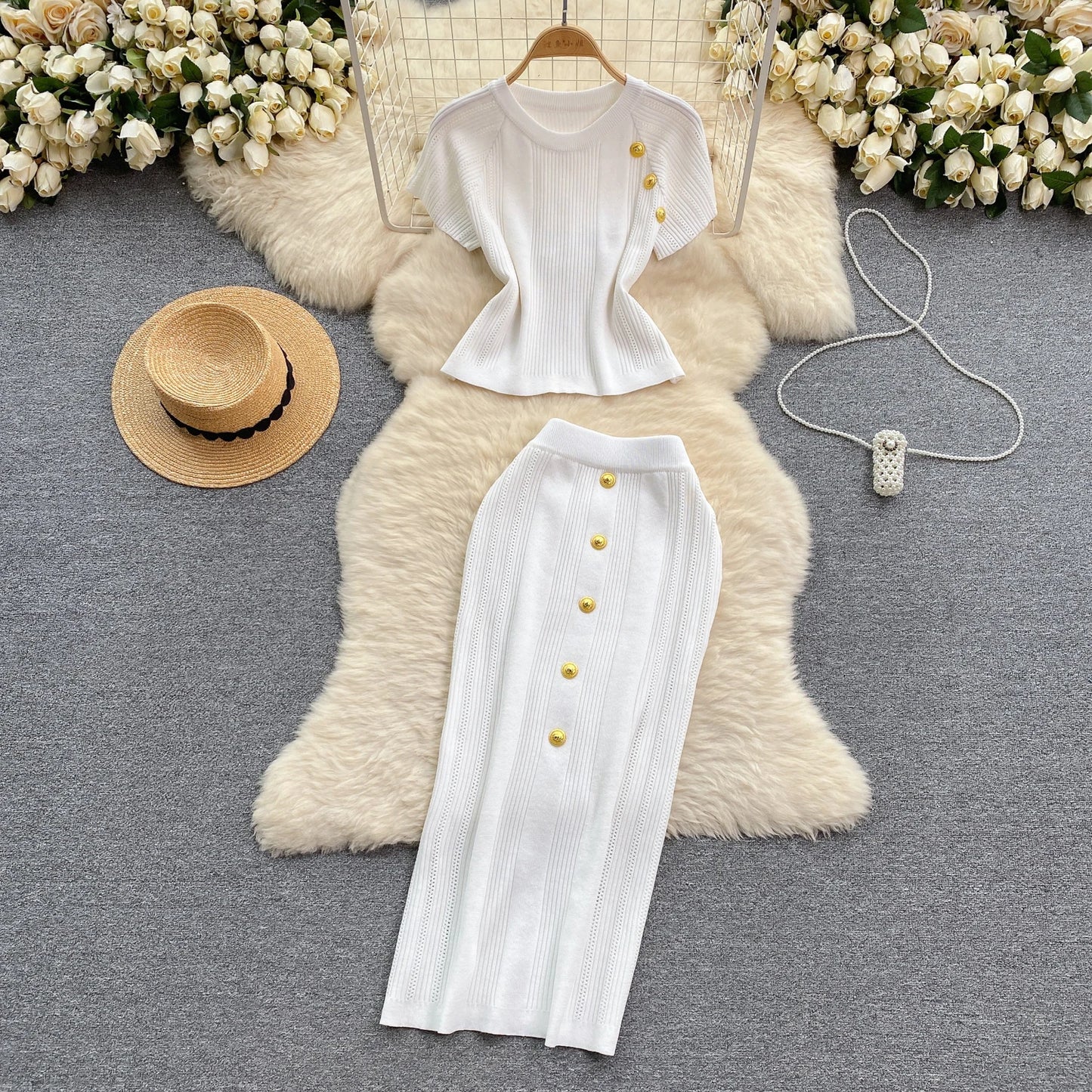 Women Chic Two Pieces Sets High Waist Sexy Pencil Wrap Pencil Skirt with Short Sleeve Knit Pullover Slim Fashion Sweater Set