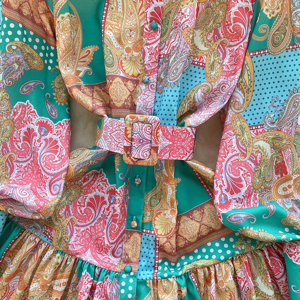 New In Dresses 2024 Spring Vintage Paisley Print Vacation Bohemian Dress Women Stand Collar Long Sleeve Mini Dress With Belt