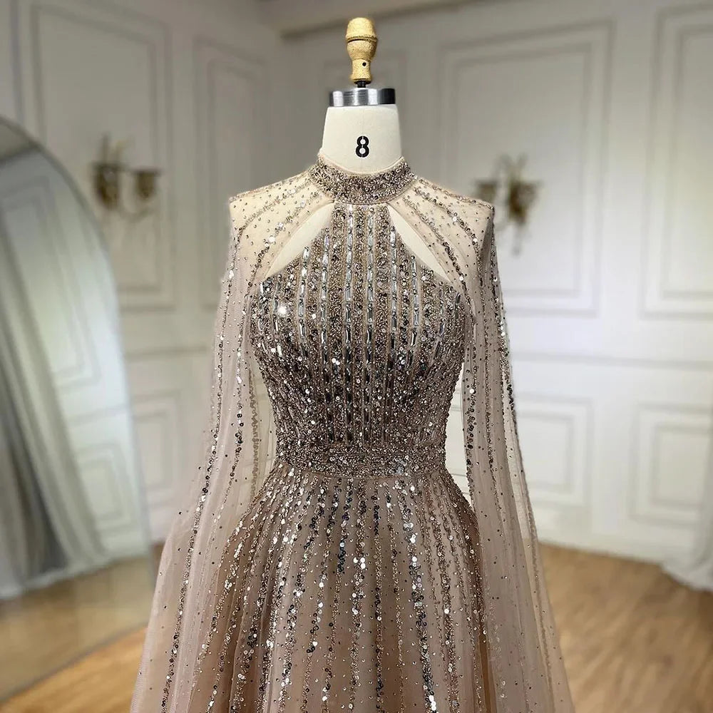 Serene Hill Arabic Turquoise A Line Cape Sleeve Beaded Luxury Dubai Evening Dresses Gowns For Women Wedding Party 2024 BLA72306A