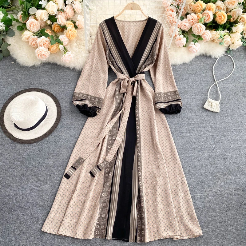 Vintage Print Elegant Puff Sleeve One Piece Dress A-line Lace-up Beach Vacation Midi Dress Women Fashion Spring Autumn Vestidos