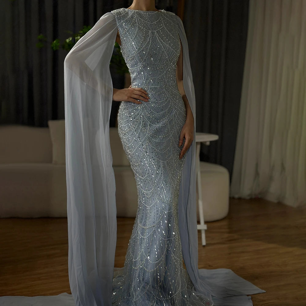 Serene Hill 2024 Saudi Arabia Blue Mermaid Cape Sleeve Luxury Beaded Evening Gown for Formal Occasion LA72160A