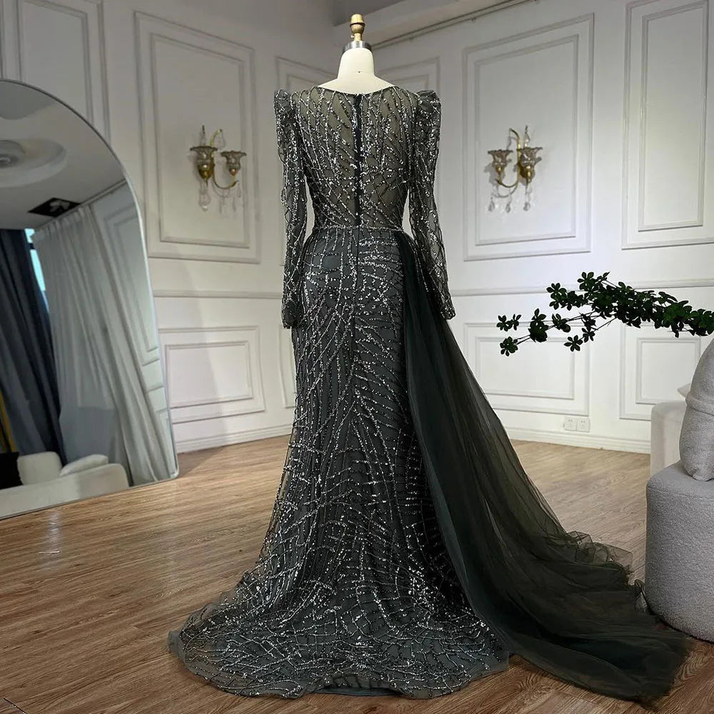 Serene Hill Muslim Gold Mermaid Beaded Luxury Dubai Evening Dresses Gowns With Overskirt 2024 For Women Party LA72206