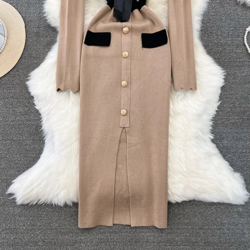 Women Elegant Butterfly Long Sleeve Bodycon V Neck Split Dress Vintage French Slim Knit Tight Vestido Autumn Winter Sweater Robe