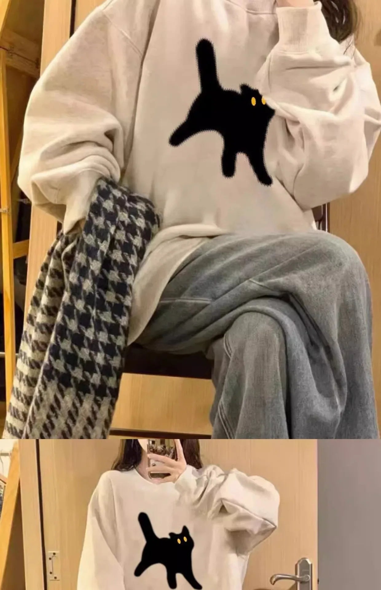 2024 Spring Autumn Unisex Cartoon Cat Printed Pullover Round Neck Long Sleeved baggey Pullovers Casual Cute Couple Street Top