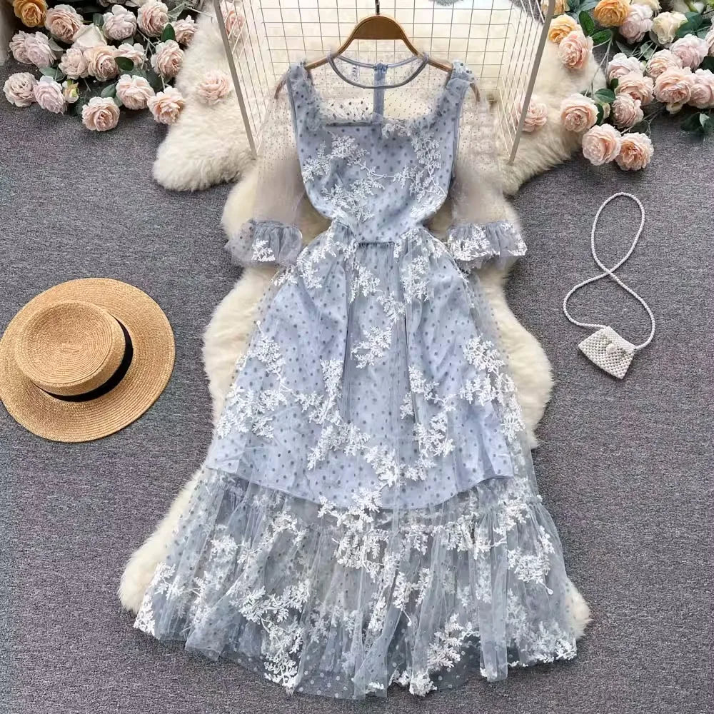 High Quality France Style Mesh Dress Women Long Ruffles Sleeves O Neck Embroidery Dot Zipper Ruched Gentle Party Sundress