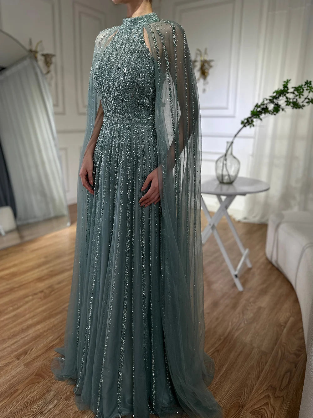 Serene Hill 2024 Arabic Caramel A Line Cape Sleeve Beaded Luxury Saudi Evening Dresses Gowns For Formal Occasion LA72306B