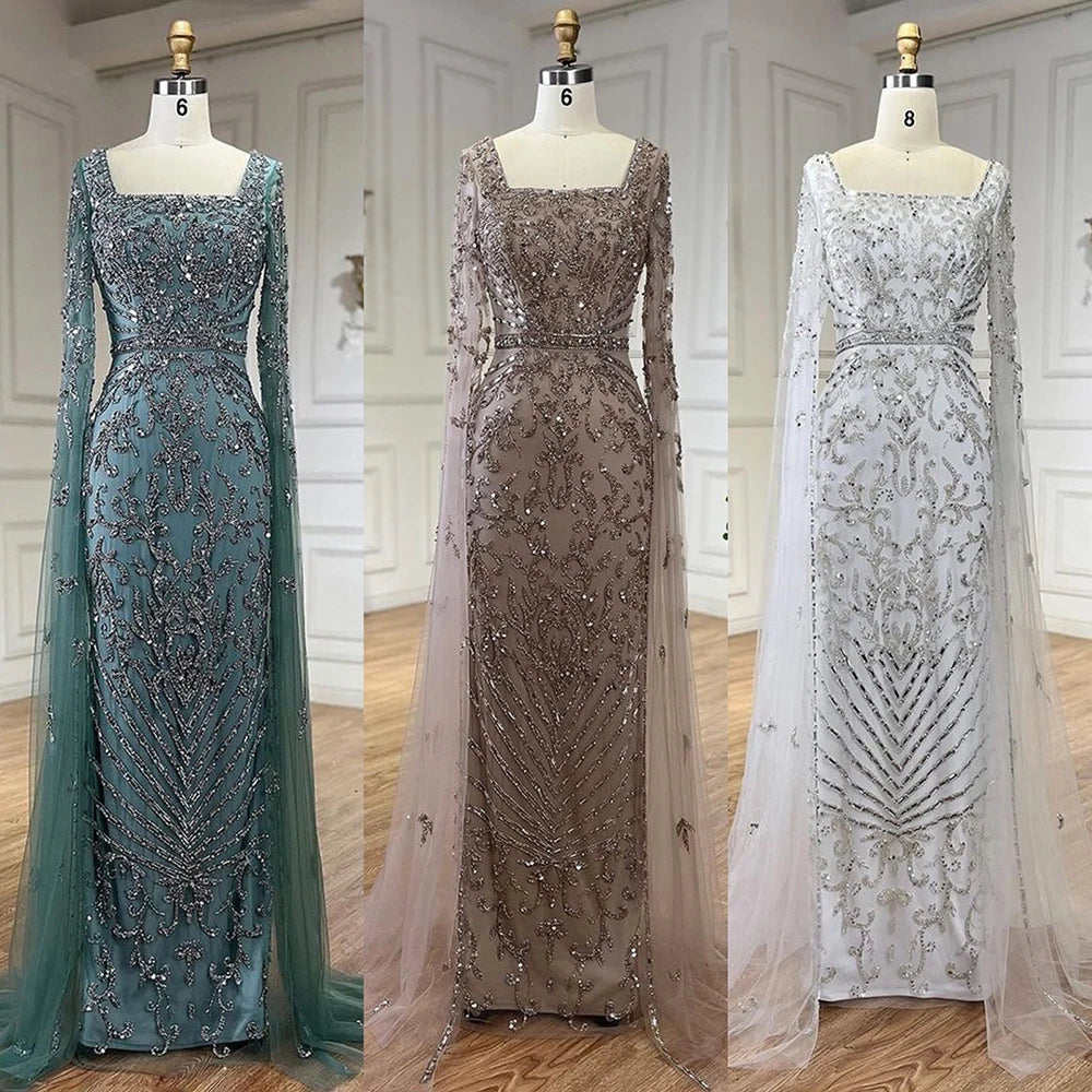 Serene Hill 2024 turquoise with Beaded Cape Sleeves Design Mermaid Long Evening Dresses Gowns for Women's Wedding Party BLA72400