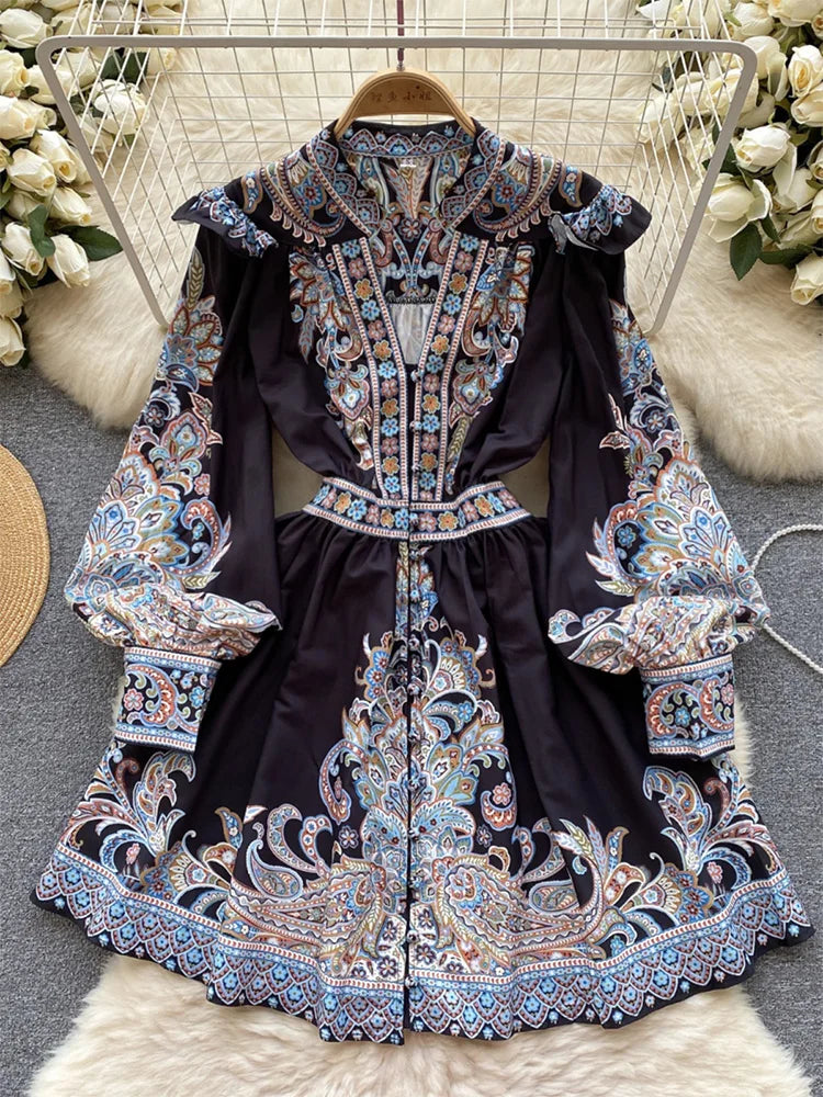 Elegant Dresses For Women 2024 V Neck Vintage Paisley Print Mini Holiday Dress Spring Ruffle Trim Long Sleeve Bohemian Dress