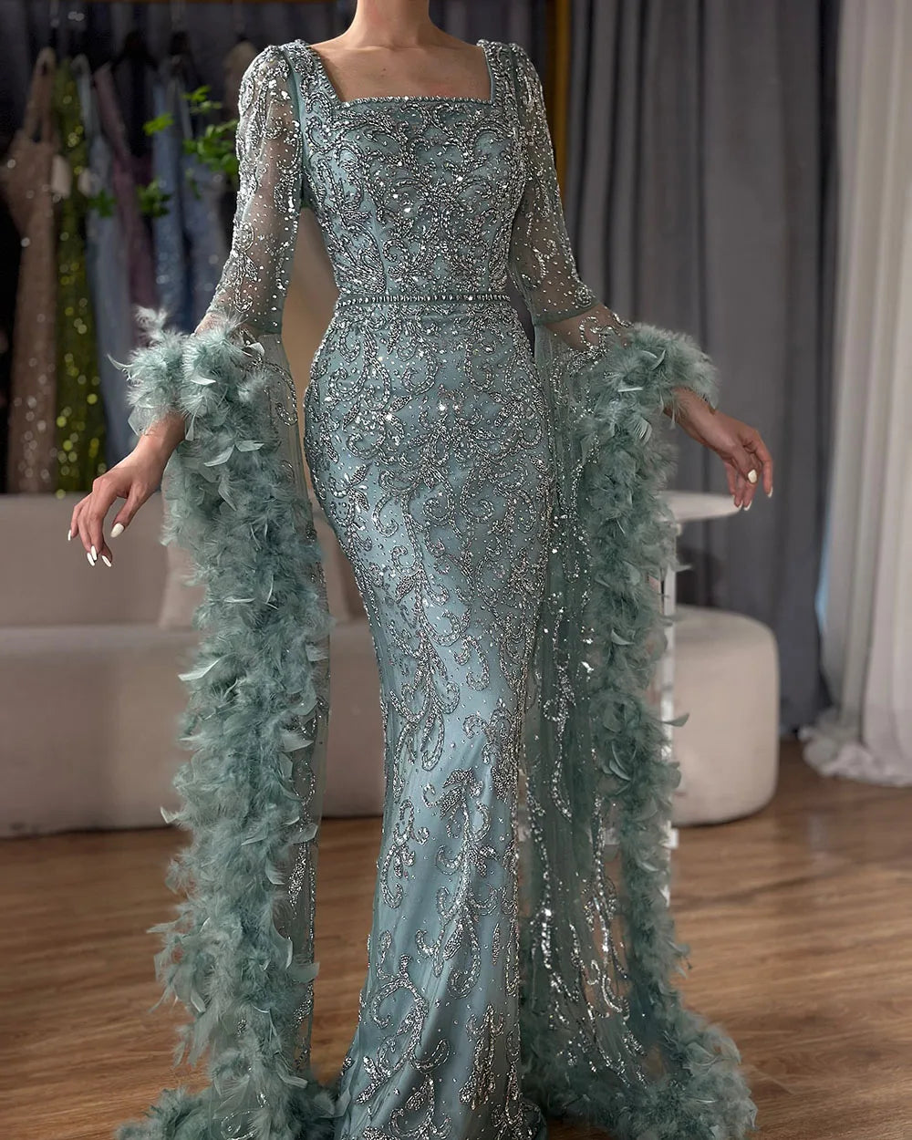 Serene Hill Flared Sleeves Mermaid Peach Beaded Feather Luxury Evening Dresses Gowns For Women's Party 2024 LA72767