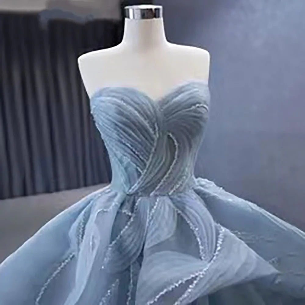 Serene Hill High End Custom Made Gray Blue Strapless Lace Up Beaded Luxury Ball Gown Bride Gowns Wedding Dress HM231064