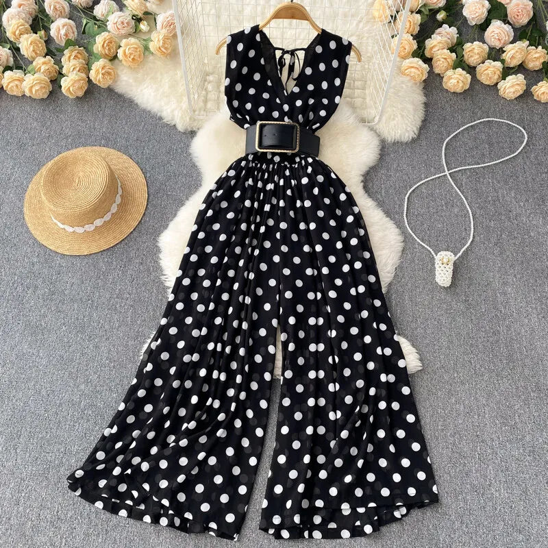 Women Chiffon Striped Jumpsuits Summer Sexy V-neck Sleeveless Elegant Wide-leg Long Pants Playsuits Ladies Dot Romper Overall