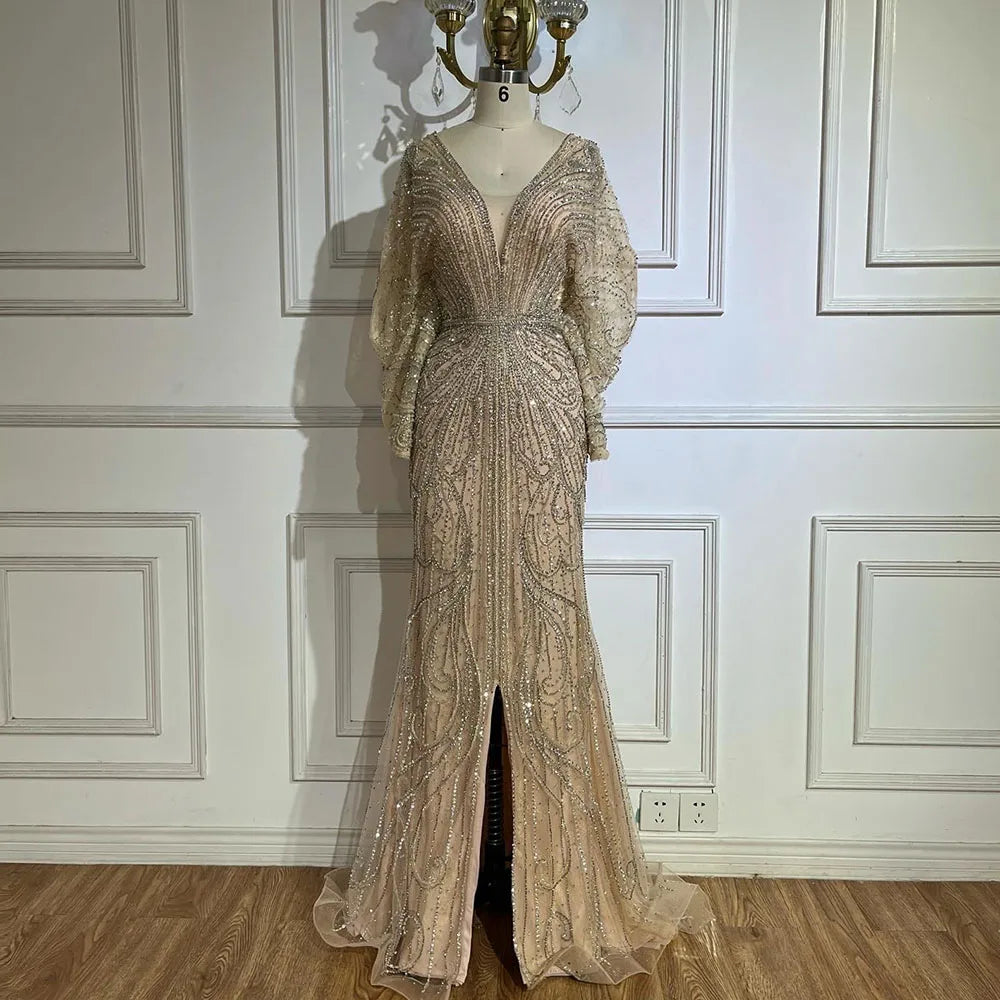 SERENE HILL 2024 Arabic Gold Elegant Mermaid Black Luxury Beaded Evening Dresses Gowns Diamond For Women Wedding Party GLA72288A