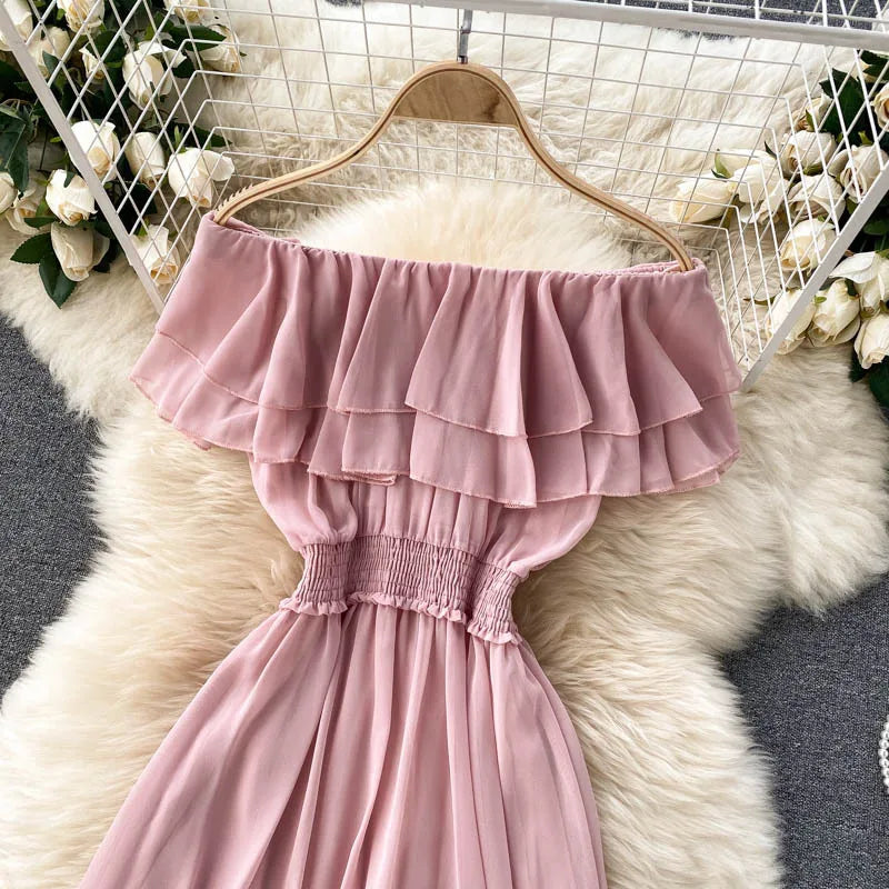 Women Chiffon Beach Dress Sexy Double Layer Ruffled Off The Shoulder Boho Dresses Ladies Sweet Slash Neck Long Dress