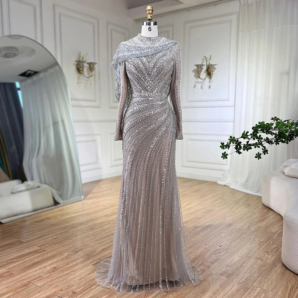 Serene Hill 2024 Muslim Silver Nude Beaded Sparkle Elegant Luxury Mermaid Evening Dresses Gowns for Women Party LA70752H