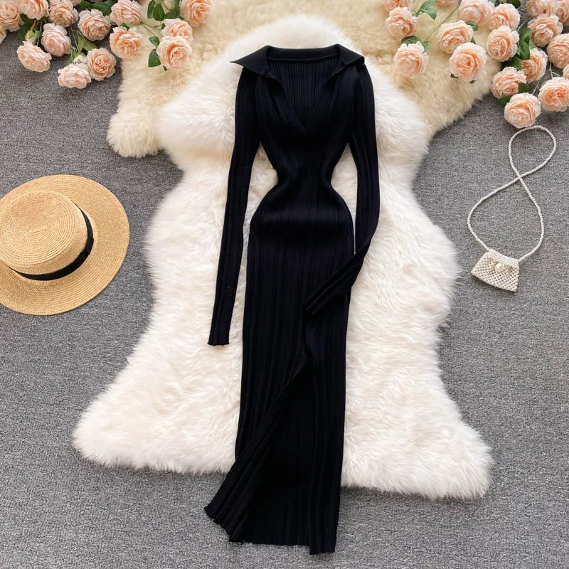 Women Chic Elegant Long Sleeve Split Bodycon Midi Dress Sexy French Fashion Knit Wrap Vestidos Elastic Slim Pencil Sweater Dress