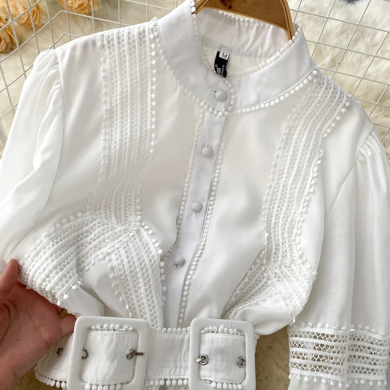 Wedding Guest Dresses For Women Lace Trim Luxury Party Dress Stand Collar Long Sleeve Button Up Holiday Mini Dress With Belt