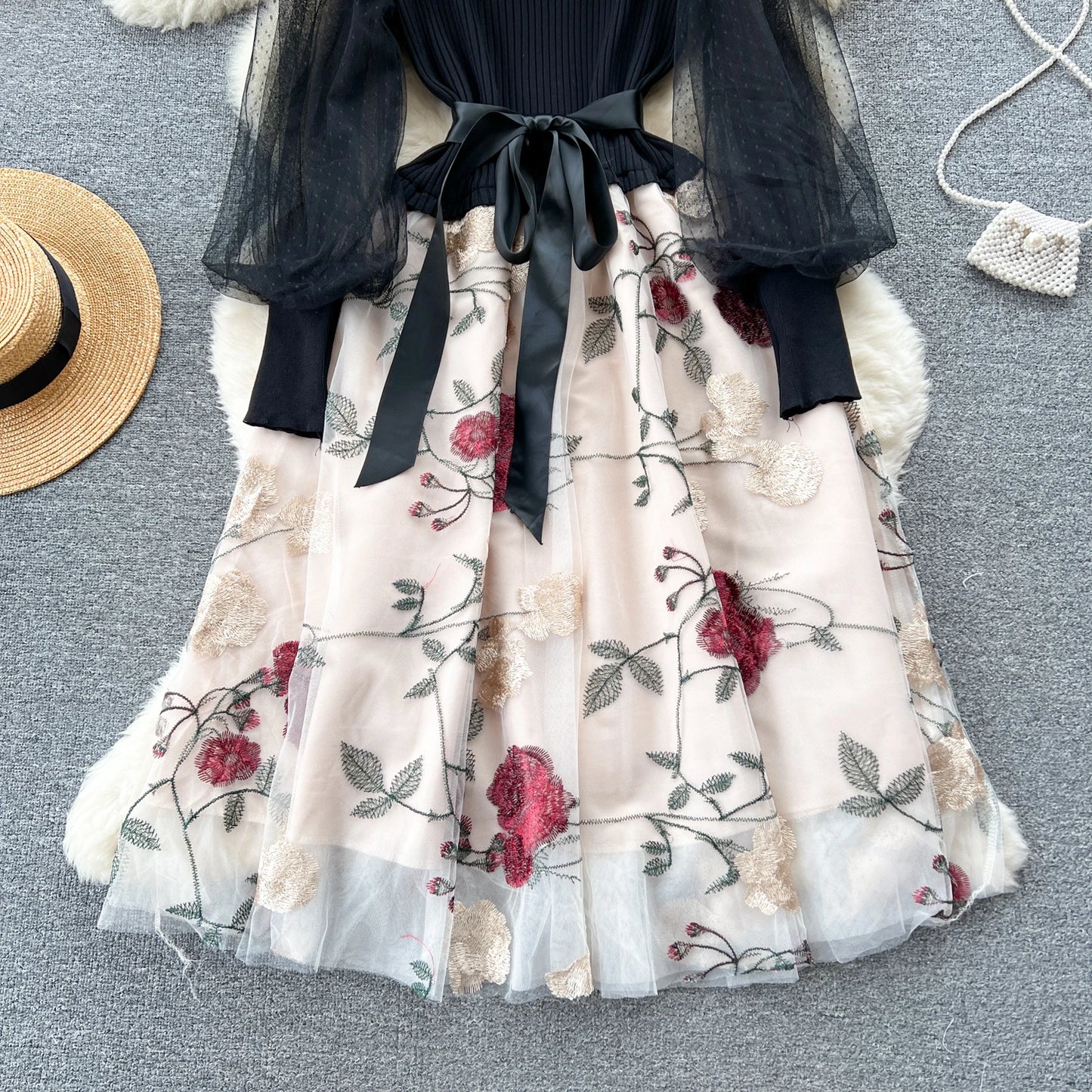 sweet  knit PATCHWORK embroidery mesh Dress French Party Elegant Summer Sexy Slim Women dresses