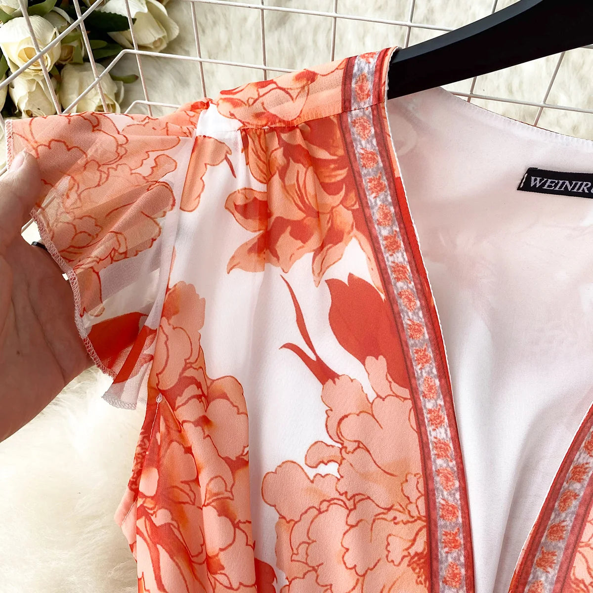 Short Dresses Women Cap Sleeve Vintage Print Chiffon Dress Faux Pearl Buttoned V Neck Ruffle Hem Wedding Elegant Party Dress
