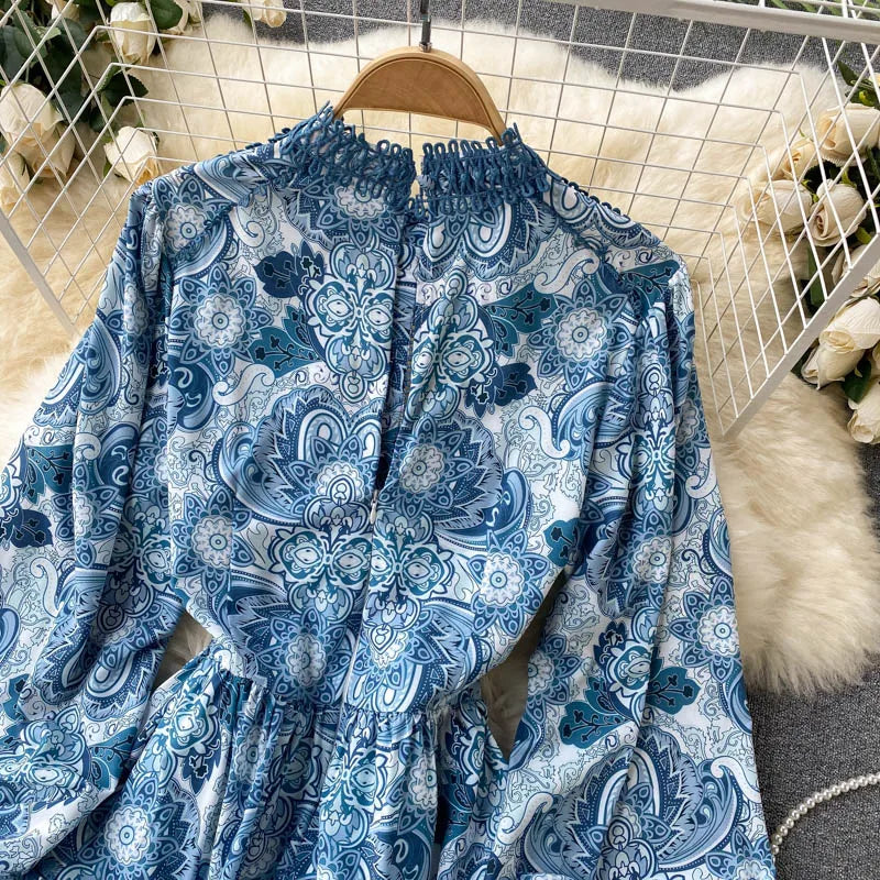 Spring Summer Women Dresses Elegant Vintage Print Holiday Bohemian Beach Dress Stand Collar Long Sleeve Ruffle Tiered Mini Dress