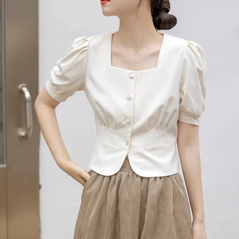 Temperament Short Bubble Sleeve Shirt for Women French Square Neck Elegant Design Office Lady Shirts Summer New Cropped Tops