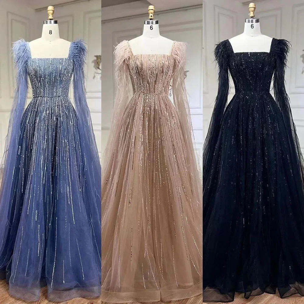 Serene Hill Luxury Dubai A Line Blue Cape Sleeves Feathers Beaded Evening Dresses Gowns 2023 For Women Wedding Party BLA72236