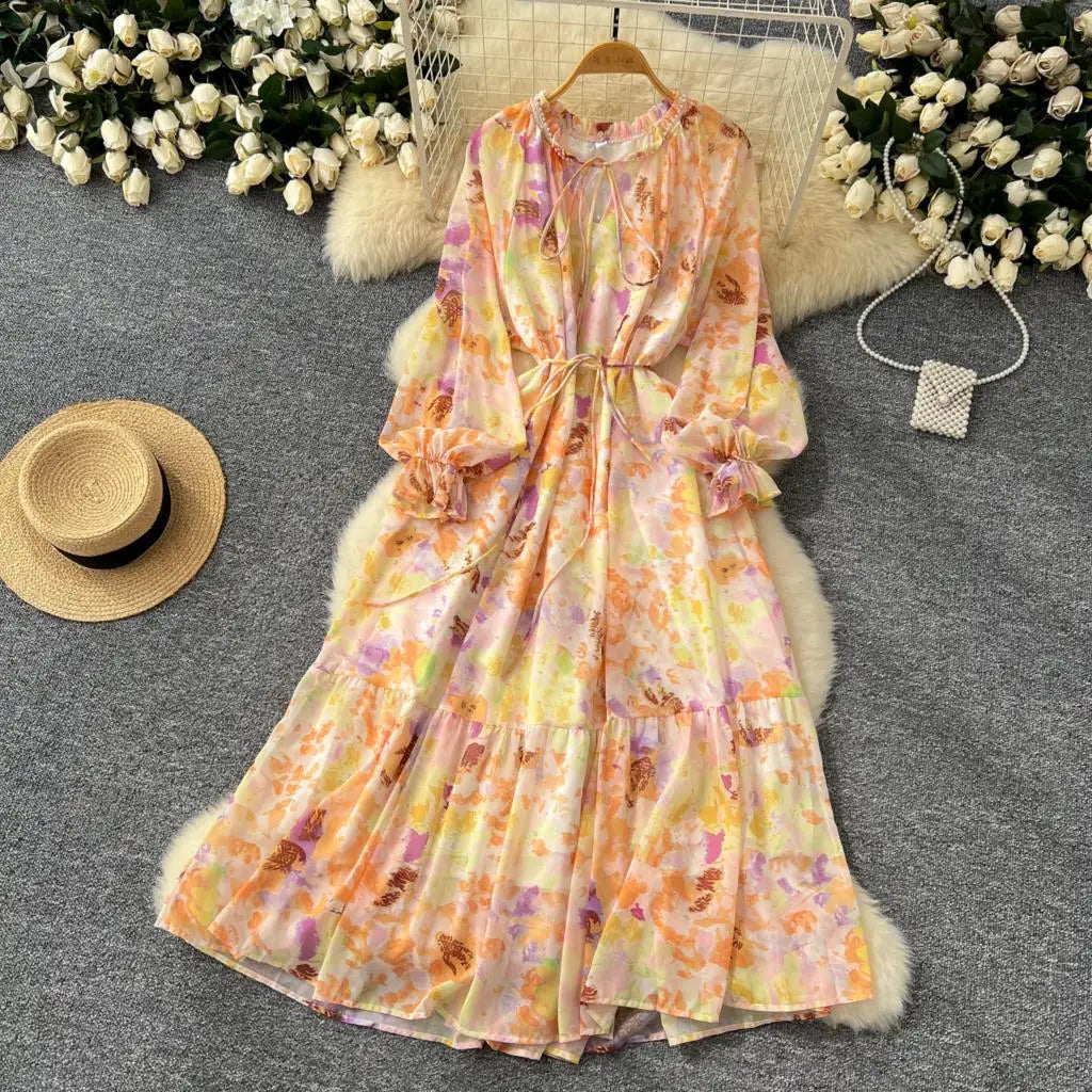 Elegant Floral Print Party Dress for Women French O-Neck Embroidered Flares Lace Up Lantern Long Sleeves Chiffon Long Dresses