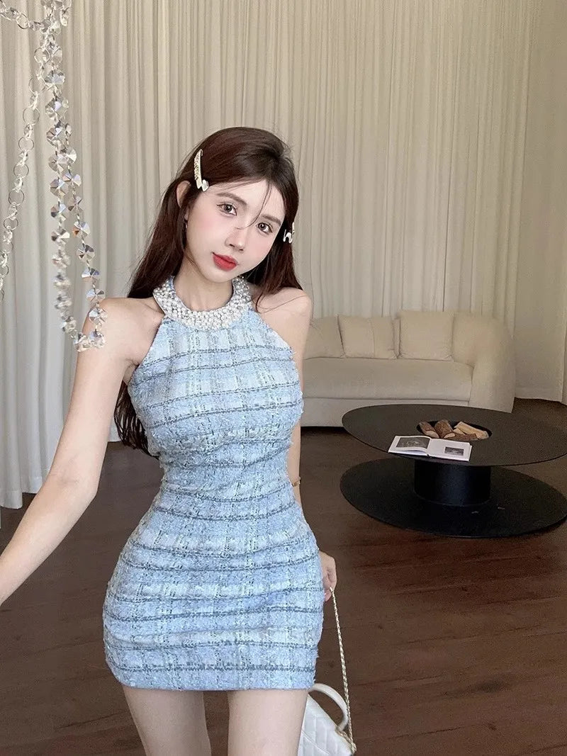 Trendy Small Fragrance Tweed Mini Dress Pearl Decoration Halter Sleeveless Dress Elegant Slim Fit Waist Dresses 2024 Summer New