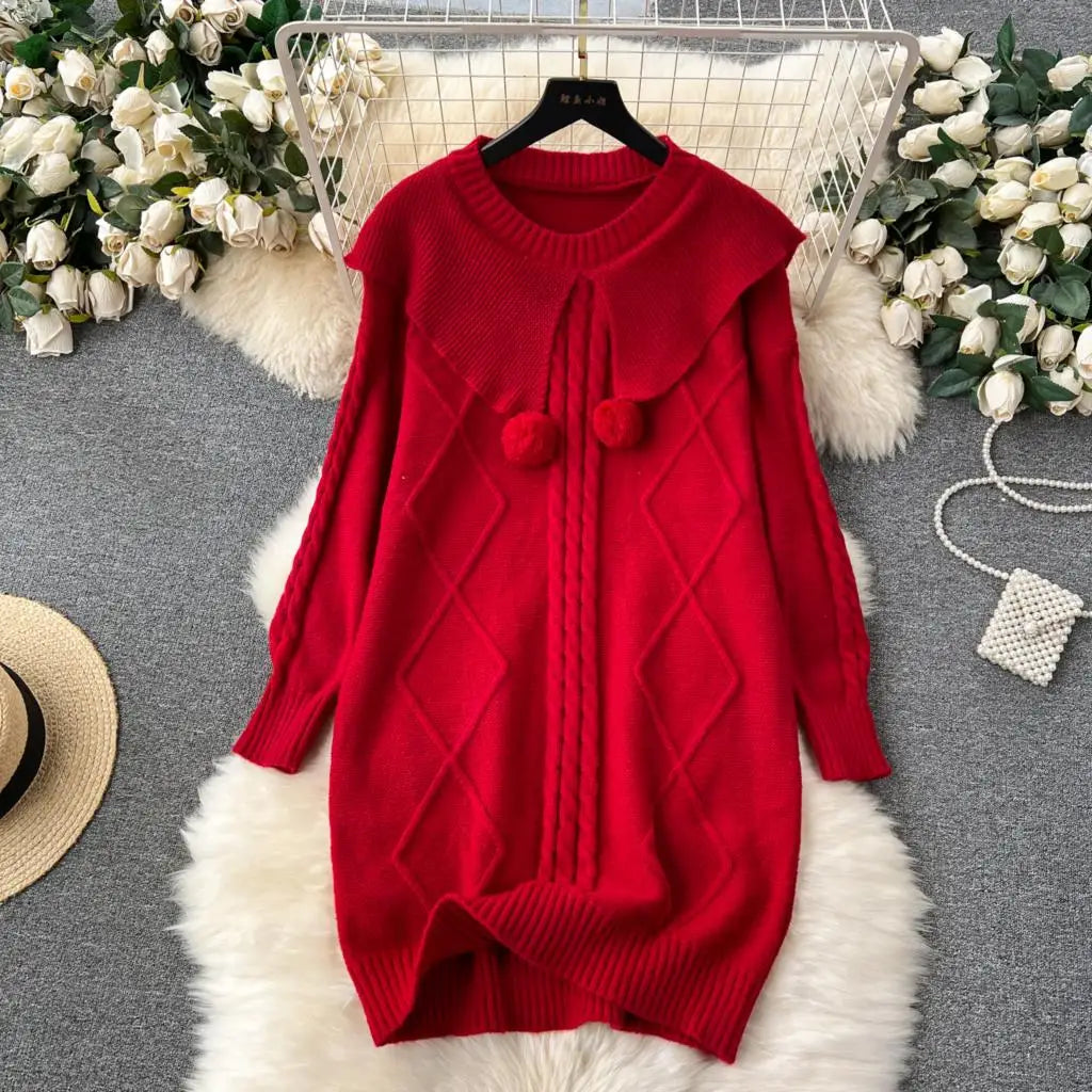 Y2k Sweet Knitted Dresses for Women Autumn Winter Christmas Sweater Loose Knitwears Mini Dress Korean Fashion Female Vestidos