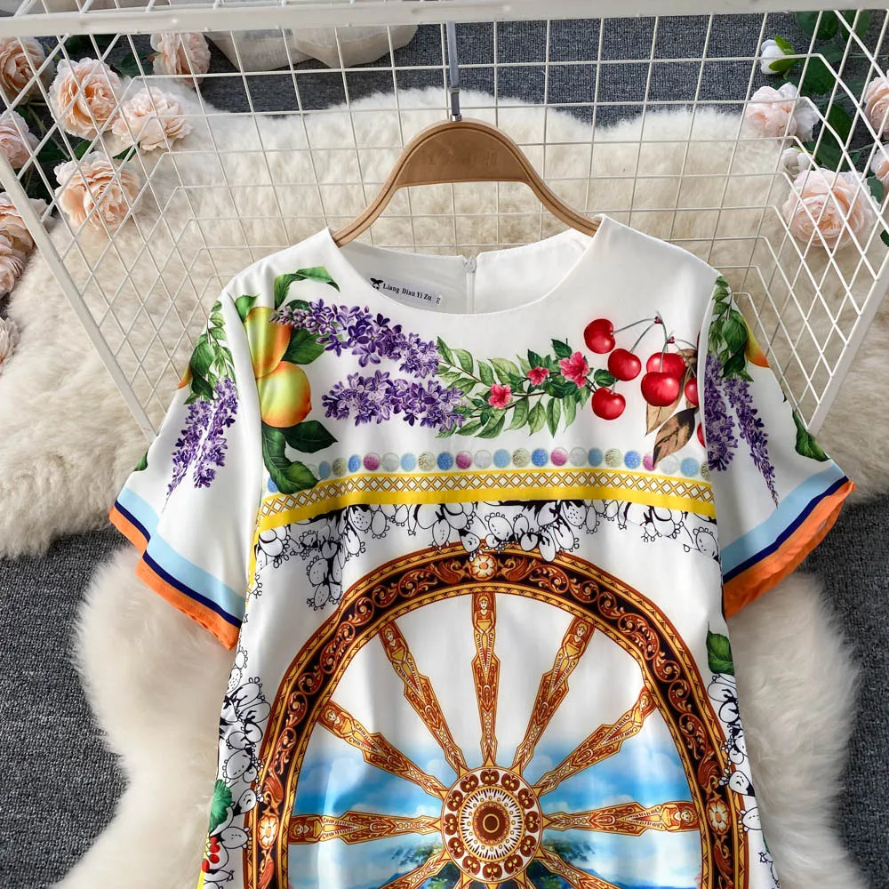Summer Dresses Fashion Women Clothing 2023 Wedding Party Elegant Vintage Print Dress Round Neck Short Sleeve Straight Mini Dress