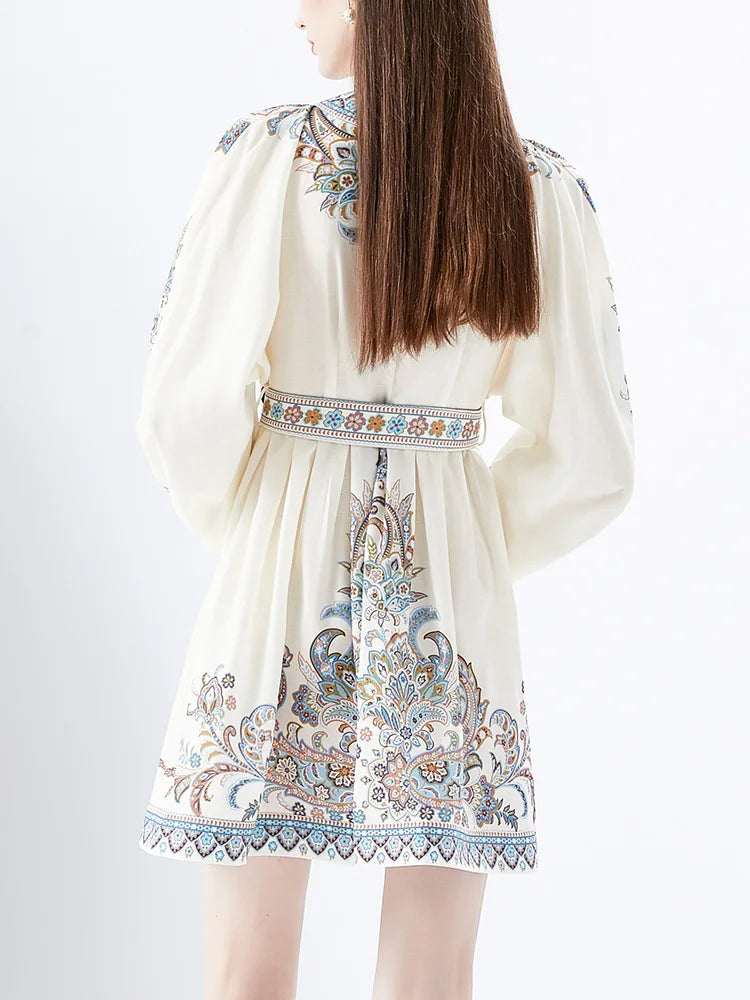 Bohemian Dresses For Women 2024 V Neck 3/4 Sleeve Spring Summer Vacation Mini Dress With Belt Boho Vintage Paisley Print Dress