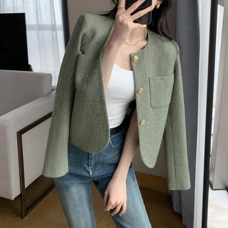 Women's Round Neck Blazer Jacket for Spring and Autumn Trendy Single Breasted Cropped Coat Small Fragrance Green Suit Outerwear