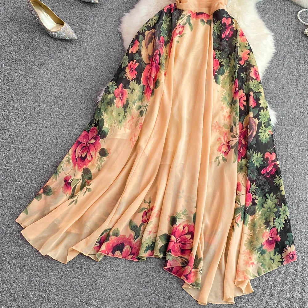 Elegant Evening Party Dress Women Sexy V-neck Floral Printed A-line Long Dresses Ladies Sleeveless Slim A-line Chiffon Long Robe