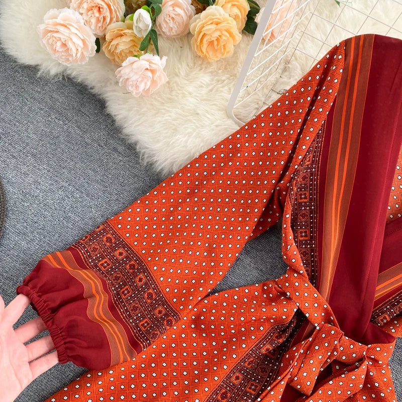 Vintage Print Elegant Puff Sleeve One Piece Dress A-line Lace-up Beach Vacation Midi Dress Women Fashion Spring Autumn Vestidos