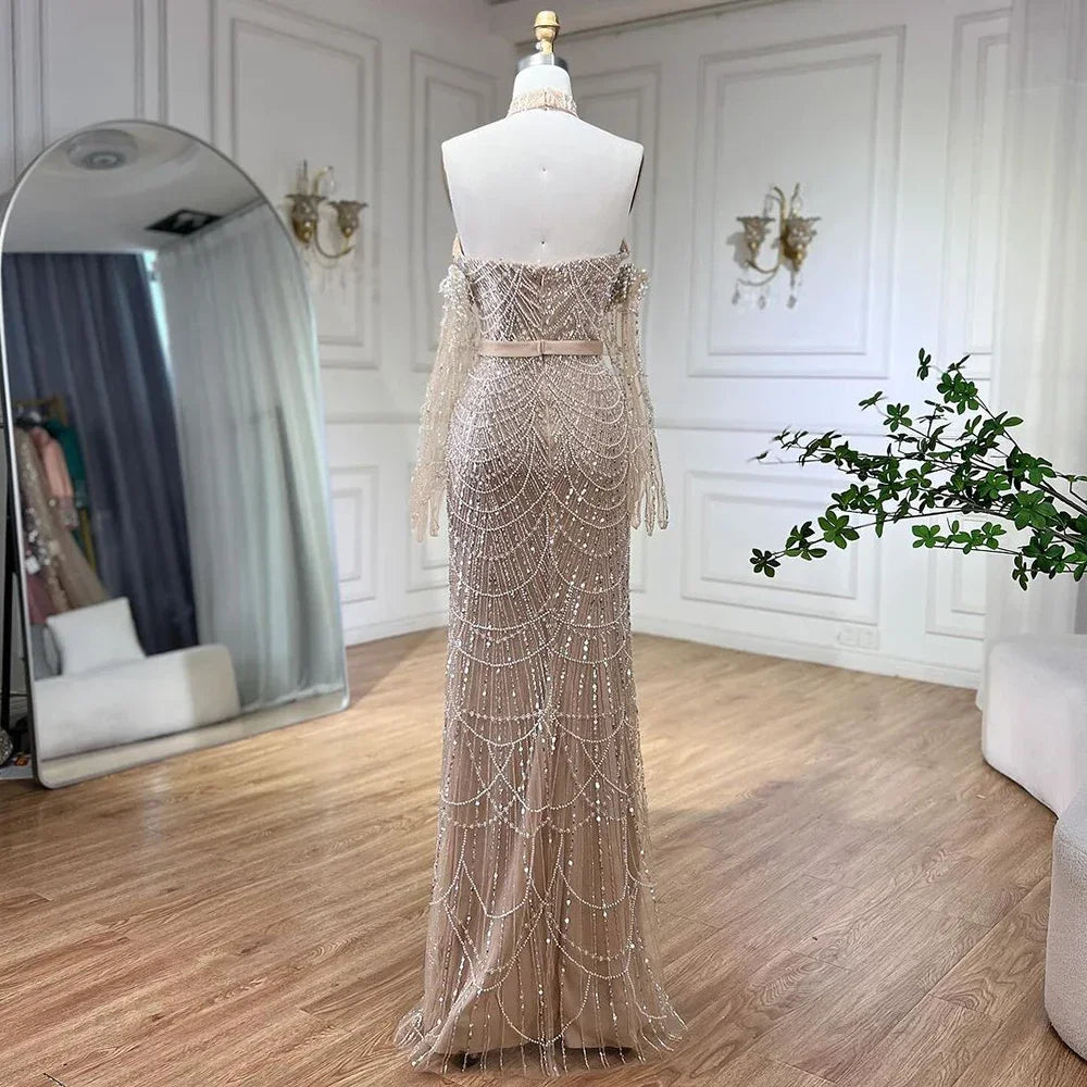 SERENE HILL Dubai Arabic Nude Mermaid With Gloves Luxury Beaded Evening Dresses Gowns 2024 For Women Wedding Party GLA72032A