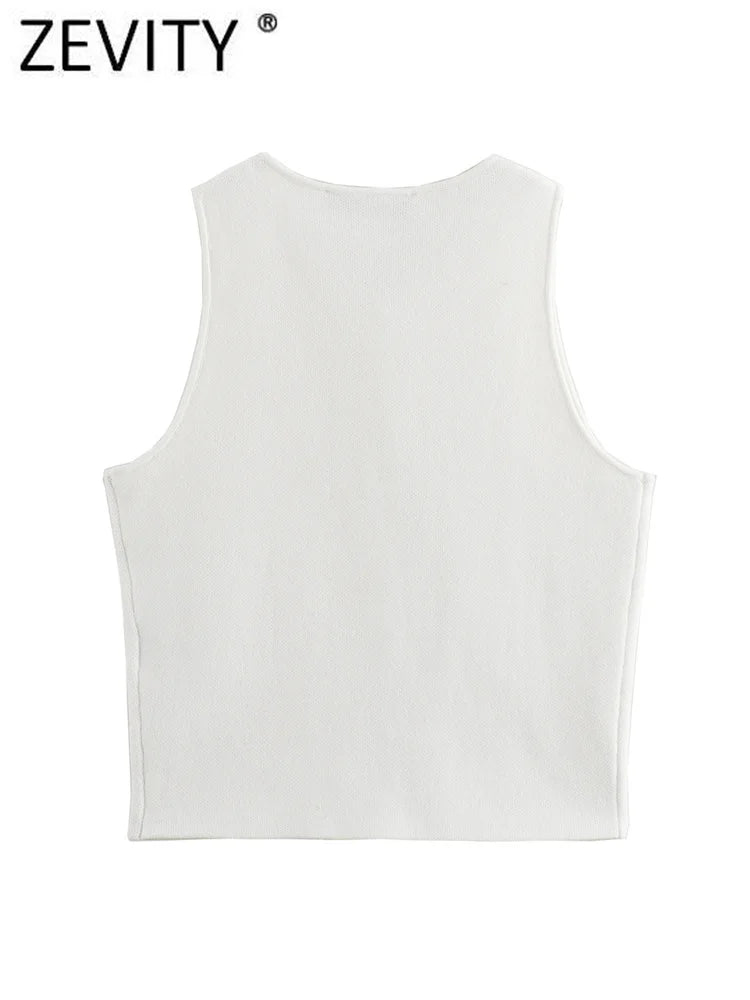 Zevity Women Fashion Sleeveless Buttons Hem Split Knitting Short Blouse Female Basic Slim Shirts Blusas Chic Crop Tops LS6236
