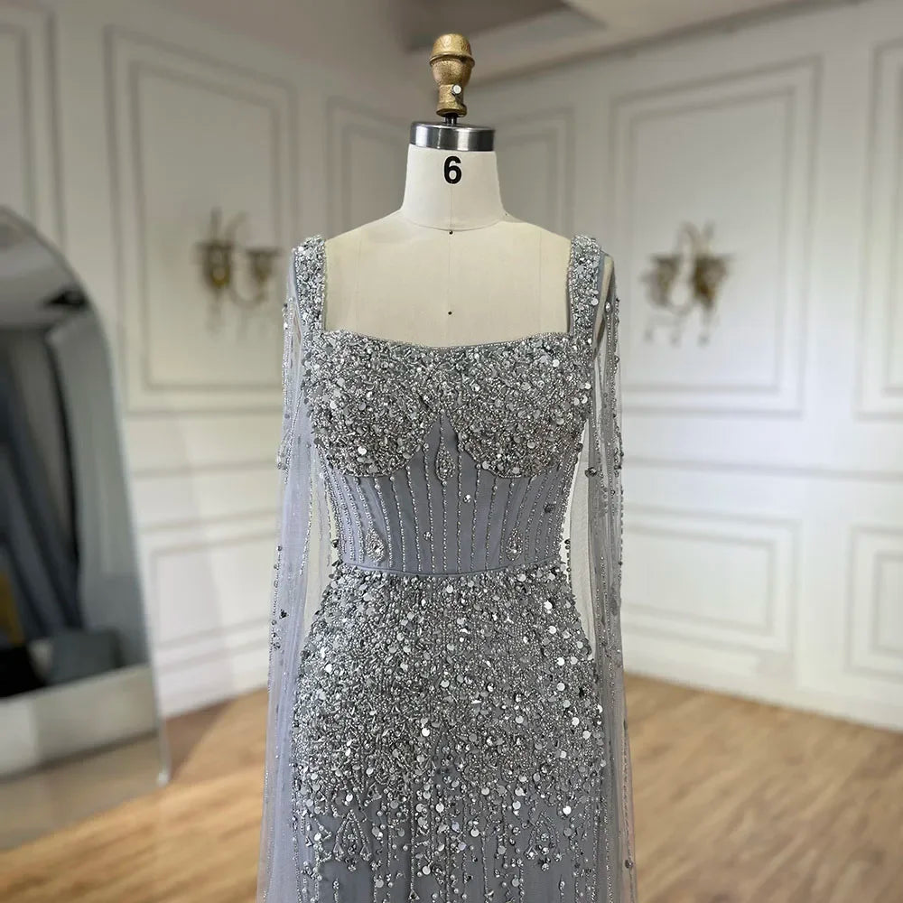 Serene Hill Arabic Gray Mermaid Beaded Luxury Dubai Long Evening Gown with Cape Sleeves Elegant for Women - Party 2024 BLA72592