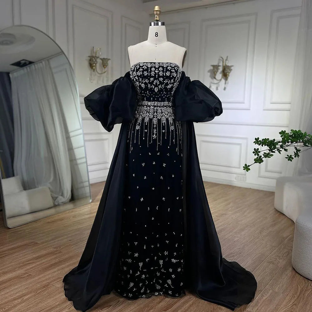 Serene Hill Black Sexy Off the Shoulder Puff Sleeves Evening Dresses Beaded Overskirt Mermaid Party Gown For Women 2023 BLA72002