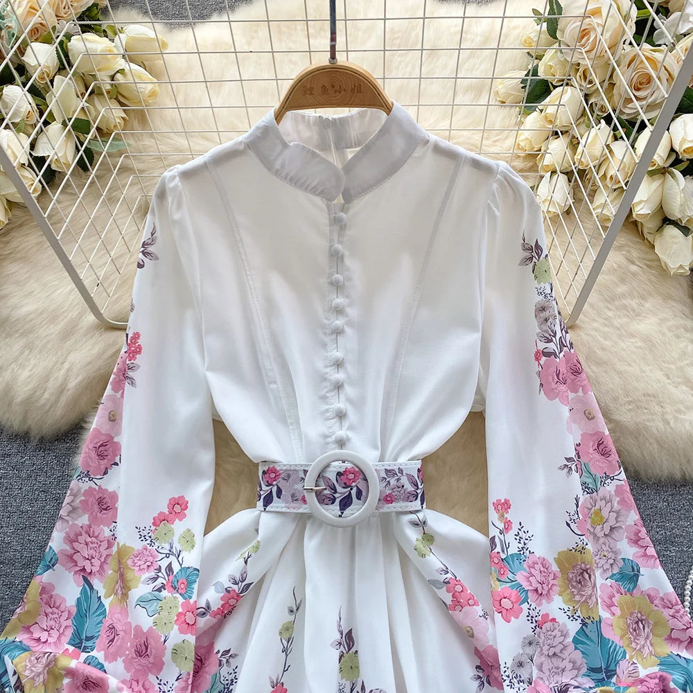 Spring Clothes For Women Vintage Floral Print Dress Stand Collar Long Sleeve Mini Dress With Belt Wedding Elegant Party Dresses
