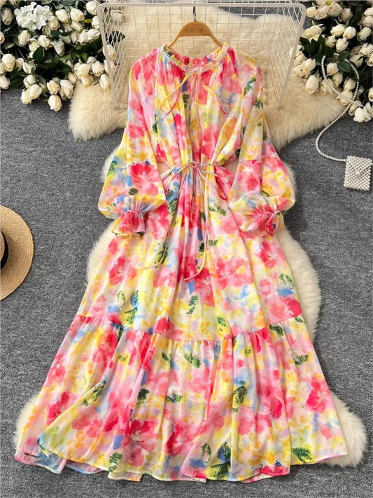 Elegant Floral Print Party Dress for Women French O-Neck Embroidered Flares Lace Up Lantern Long Sleeves Chiffon Long Dresses