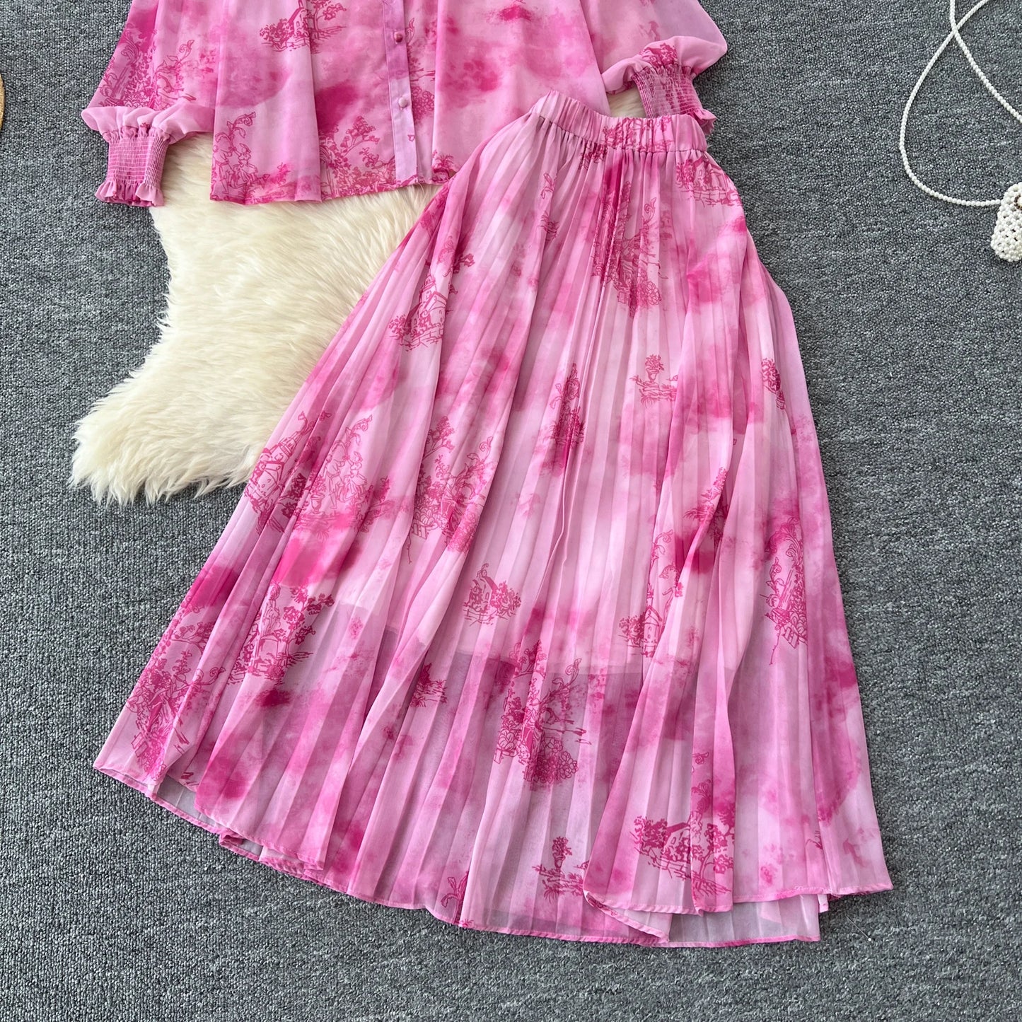 Women Chic Print Sweet Two Pieces Sets Bow Lantern Long Sleeve Top  High Waitst Wide Skirt Fashion Summer Sets