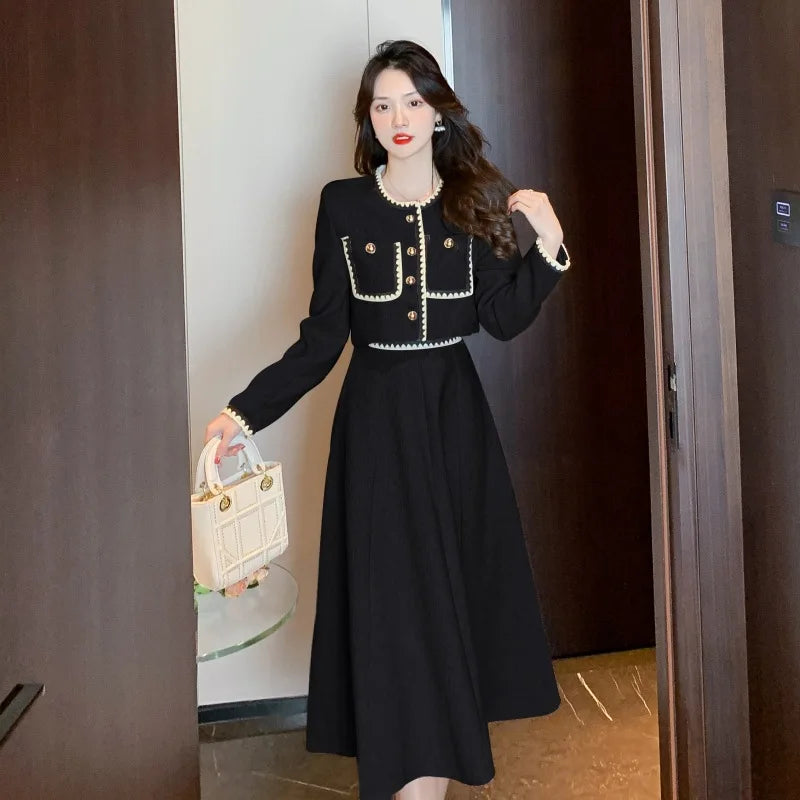 Small Fragrance Elegant 2-Piece Set Spring Autumn Trendy Women's Outfit O-Neck Short Coat+High Waist Midi A-line Skirt Suit