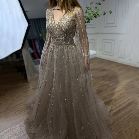 SERENE HILL 2024 Arabic Caramel A-Line Cape Sleeves Beaded Evening Dresses Luxury Gowns For Women Wedding Party GLA72171