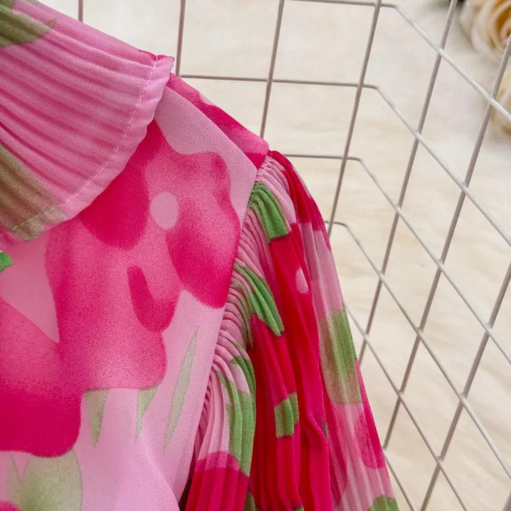 Summer Vintage Casual A-Line Floral Print Women Dress Elegant Chic Pleated Party Prom Vestidos with Belted Female Long Robe