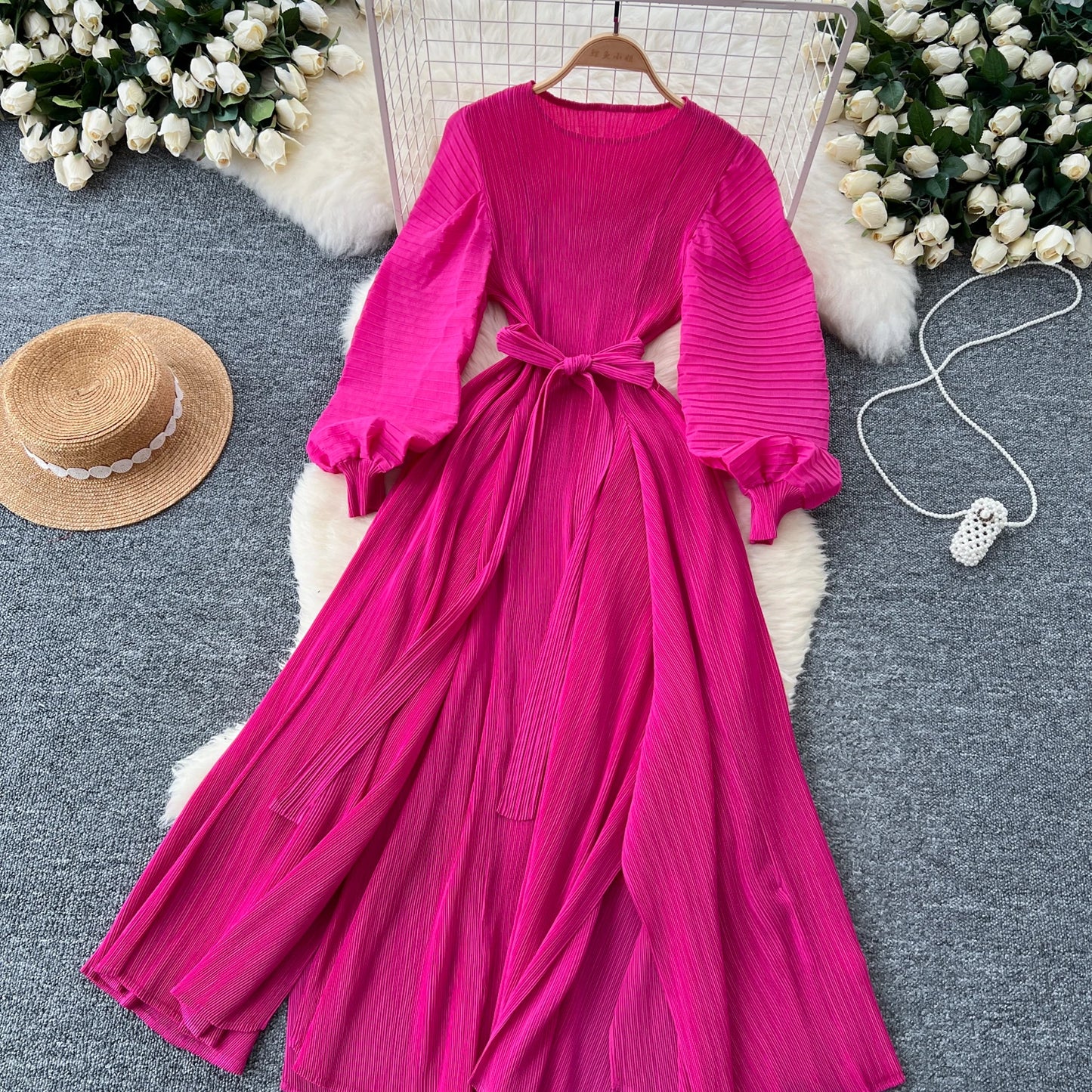 Vintage  Elegant Lantern Sleeve Sweet Pleated Dress Women Basics Fashion Summer Spring Dresse