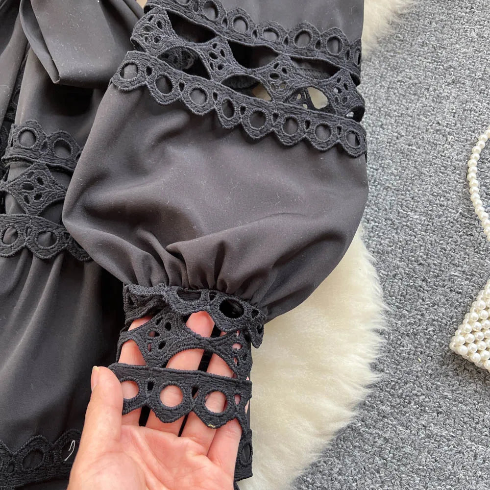 2023 Spring Summer Holiday Dress Women Stand Collar Long Sleeve Button Up Embroidery Trim Luxury Elegant Mini Dress With Belt
