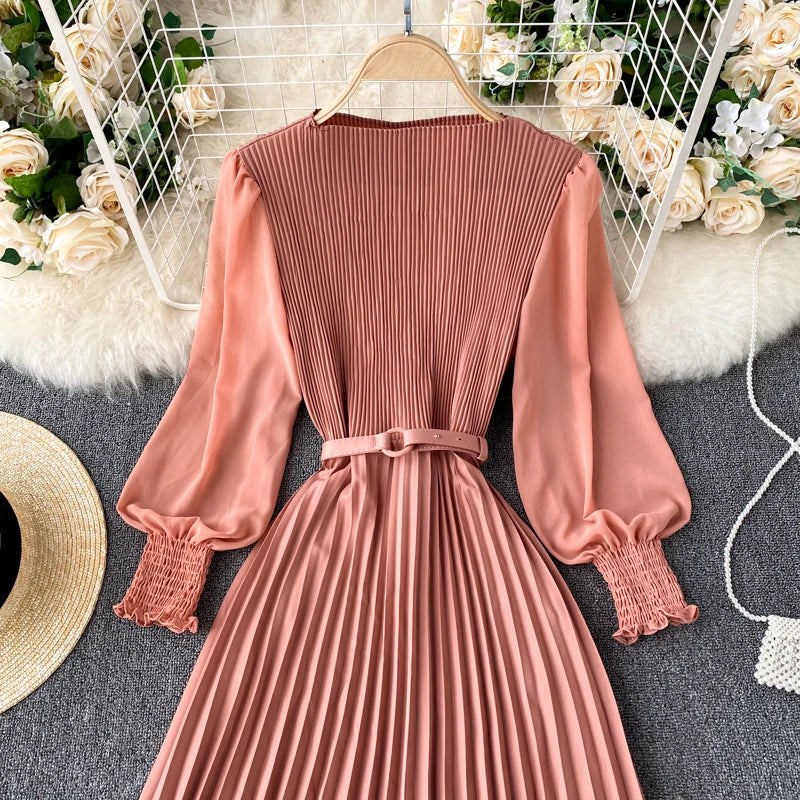 Chic Pleated Elegant Puff Sleeve Dress A-line Chiffon High Waist Belt Beach Vacation Party Dress Women Summer Spring Vestidos