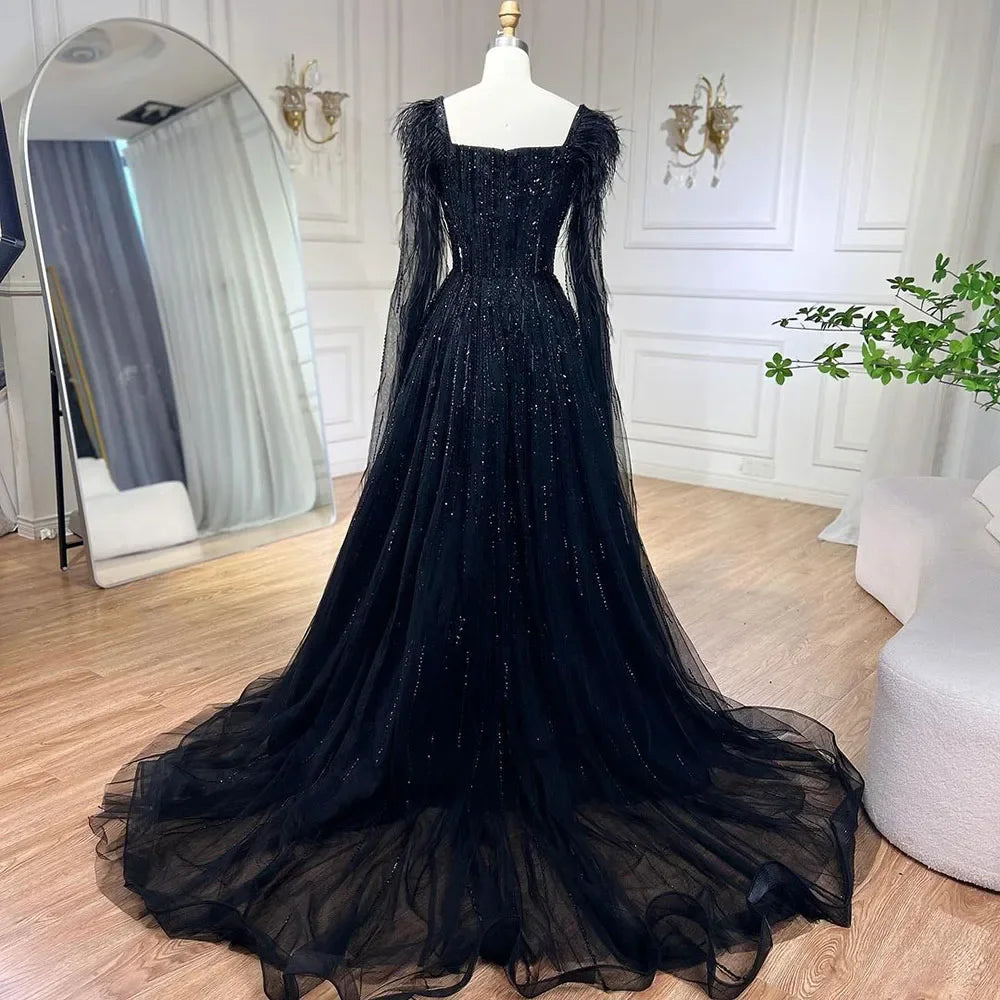Serene Hill Luxury Dubai A Line Blue Cape Sleeves Feathers Beaded Evening Dresses Gowns 2023 For Women Wedding Party BLA72236