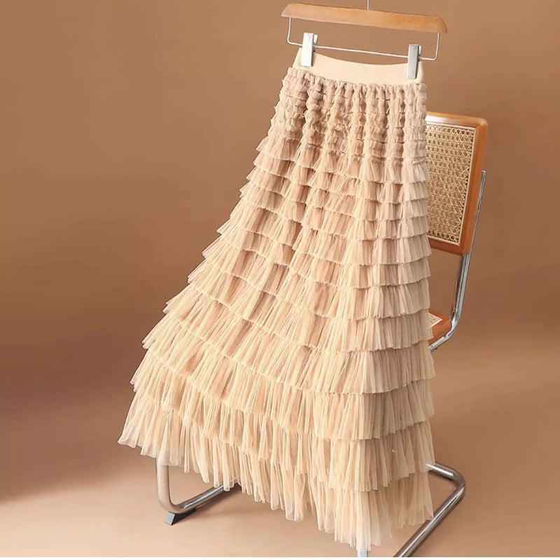 2024 Spring Summer Mesh Cake Skirt Women Korean Fashion Long A-Line Skirts Black Pink Khaki Apricot Y2K Femme Midi Pleated Skirt