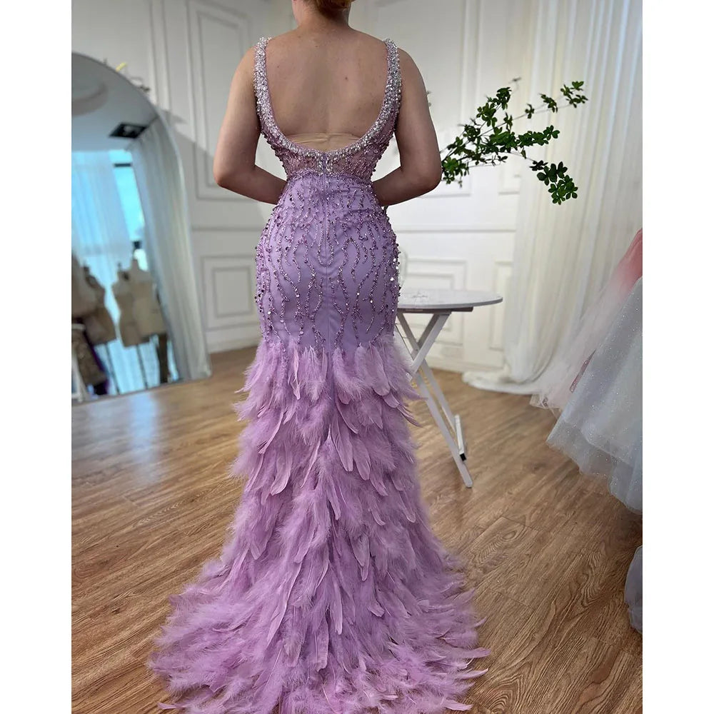 Serene Hill Pink Mermaid High Split Luxury Evening Dresses Feather Beaded Gowns Long 2024 For Women Wedding Party LA72152