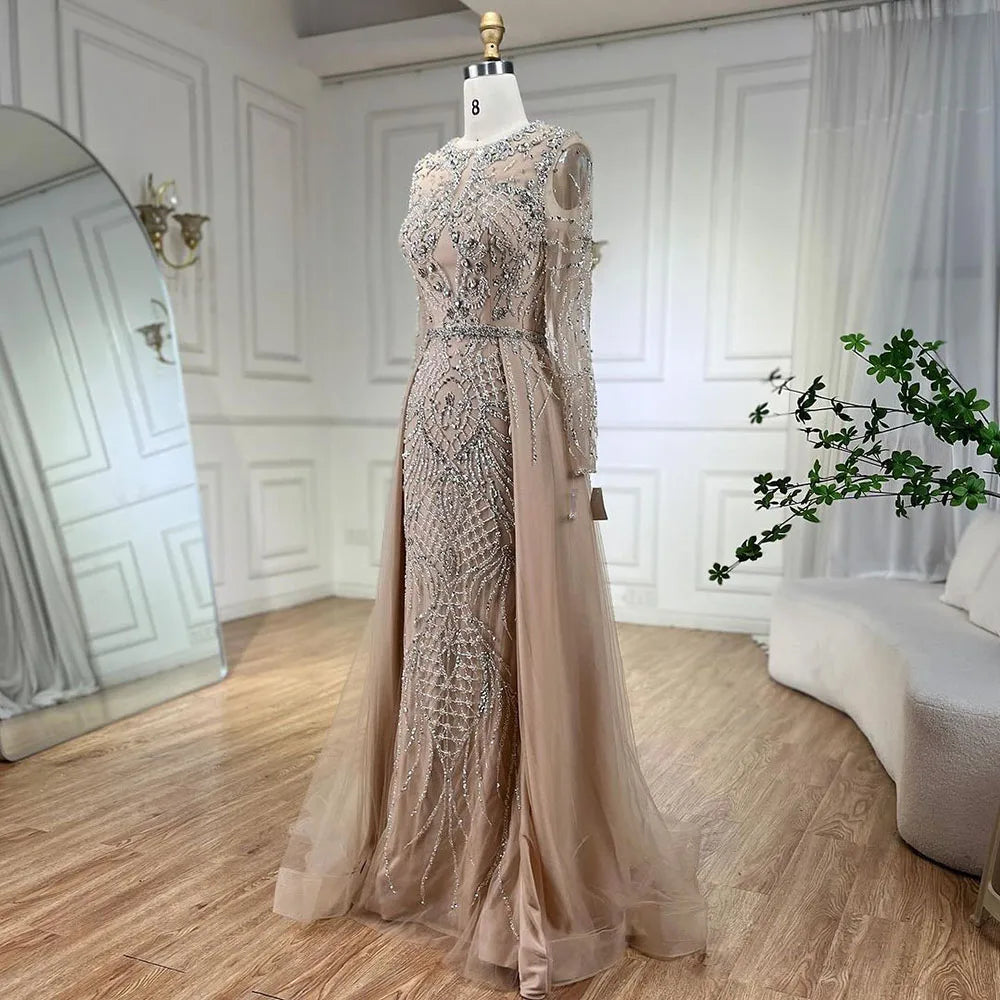Serene Hill Muslim Silver Nude Mermaid Gown with Detachable Overskirt Beaded Evening Dress for Women Wedding Party 2024 LA71919